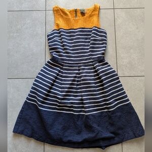Elegant Navy and Mustard Striped A-Line Dress